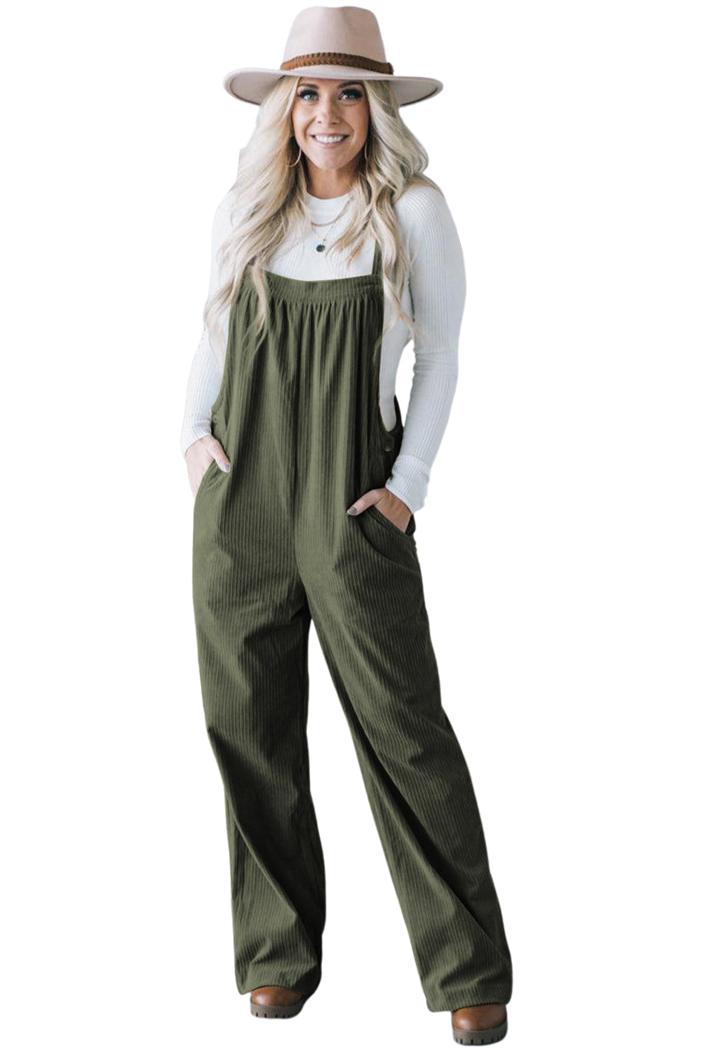 Black Plain Pocketed Loose Fit Corduroy Overalls