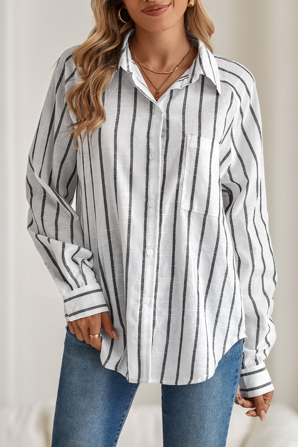 Black Stripe Chest Pocket Buttoned Oversized Shirt