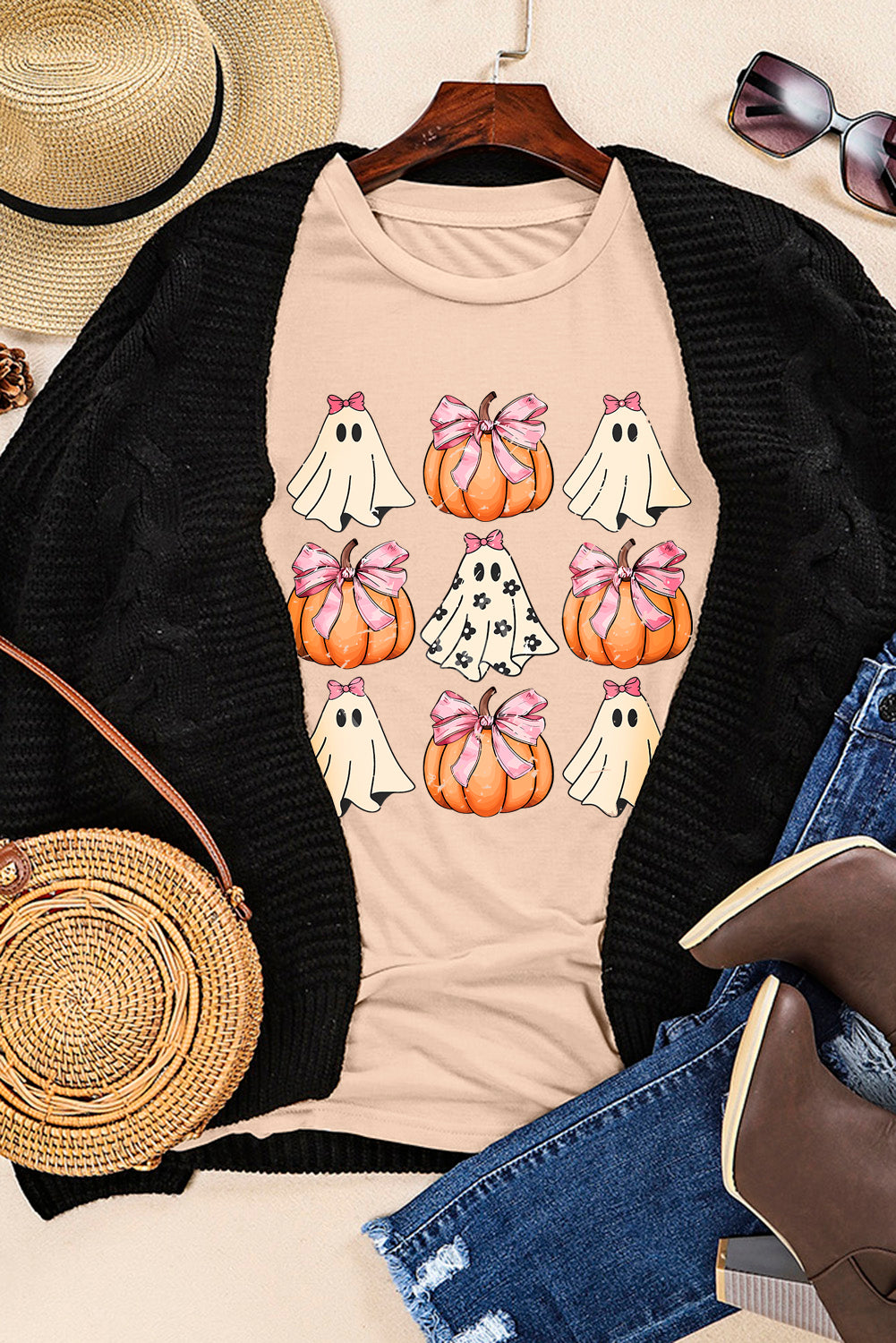 Black Bowknot Ghost Pumpkin Halloween Graphic T Shirt