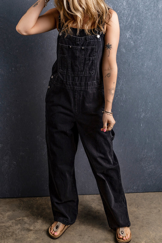 Black Adjustable Buckle Straps Multi Pocket Denim Jumpsuit