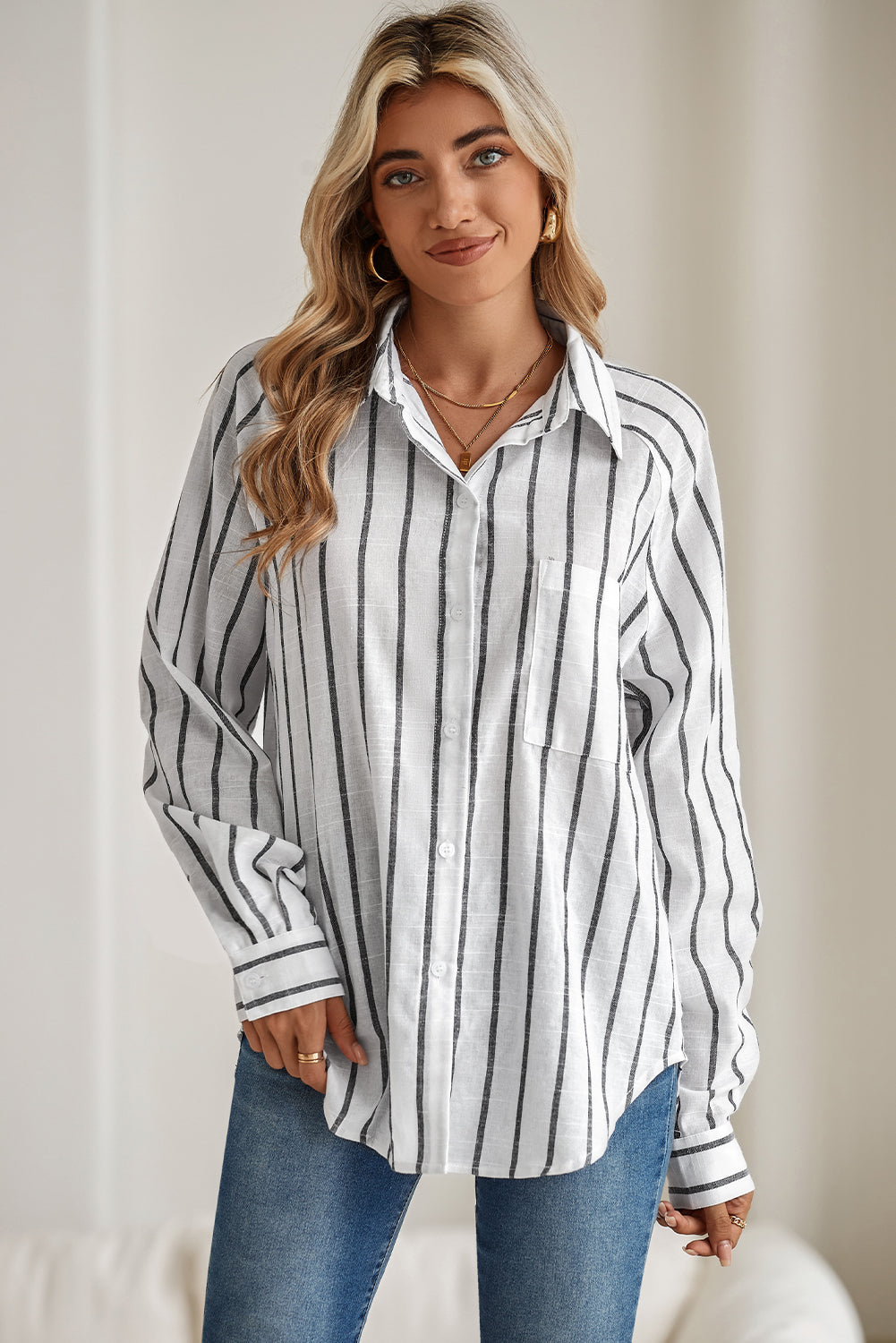 Black Stripe Chest Pocket Buttoned Oversized Shirt