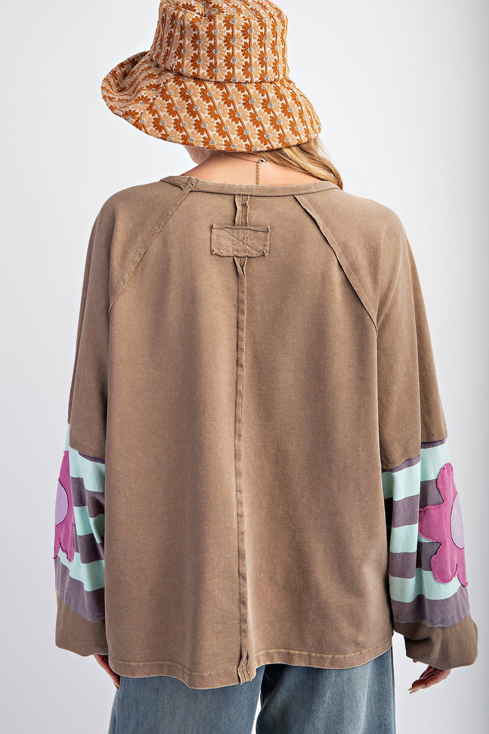 Light French Beige Flower Striped Patchwork Sleeve Plus Size Sweatshirt