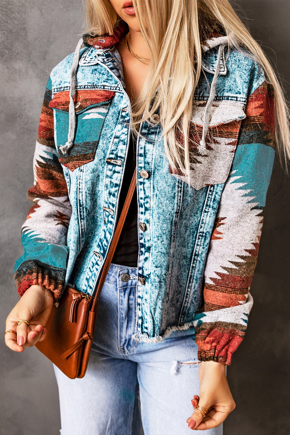 Multicolor Geometric Print Frayed Hem Denim Jacket