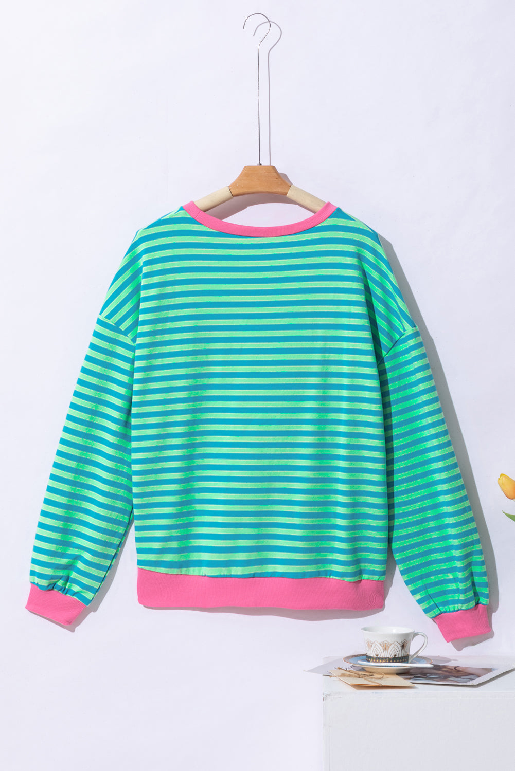 Sky Blue Stripe Oversized Contrast Trim Pullover Sweatshirt