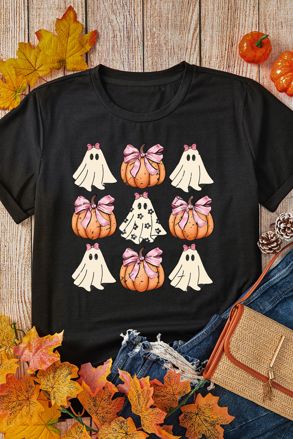 Black Bowknot Ghost Pumpkin Halloween Graphic T Shirt