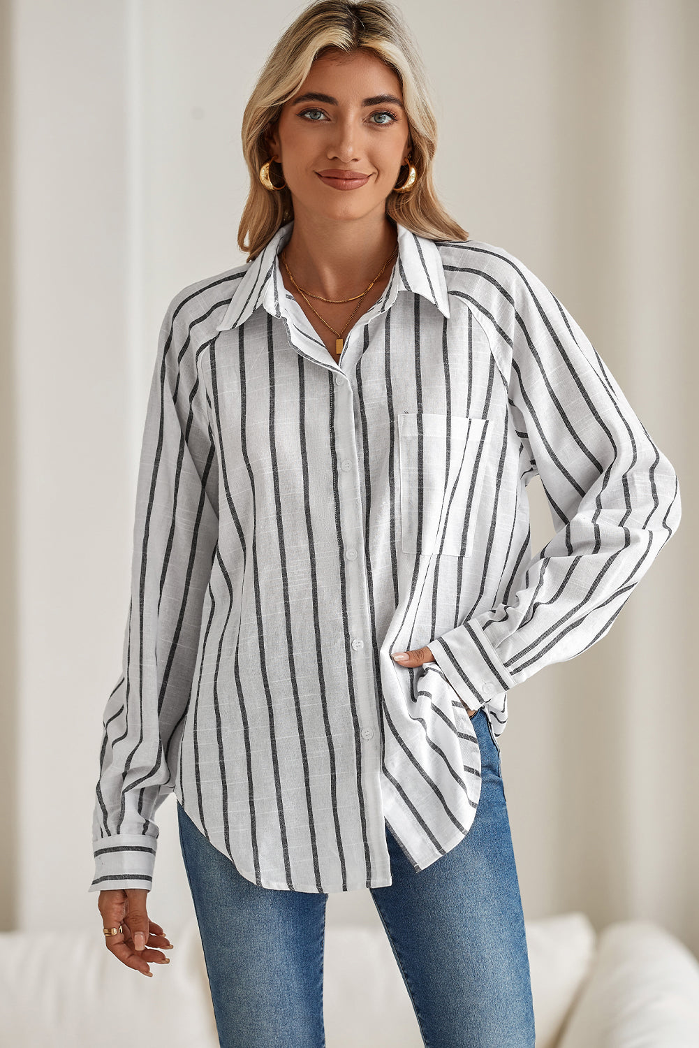 Black Stripe Chest Pocket Buttoned Oversized Shirt