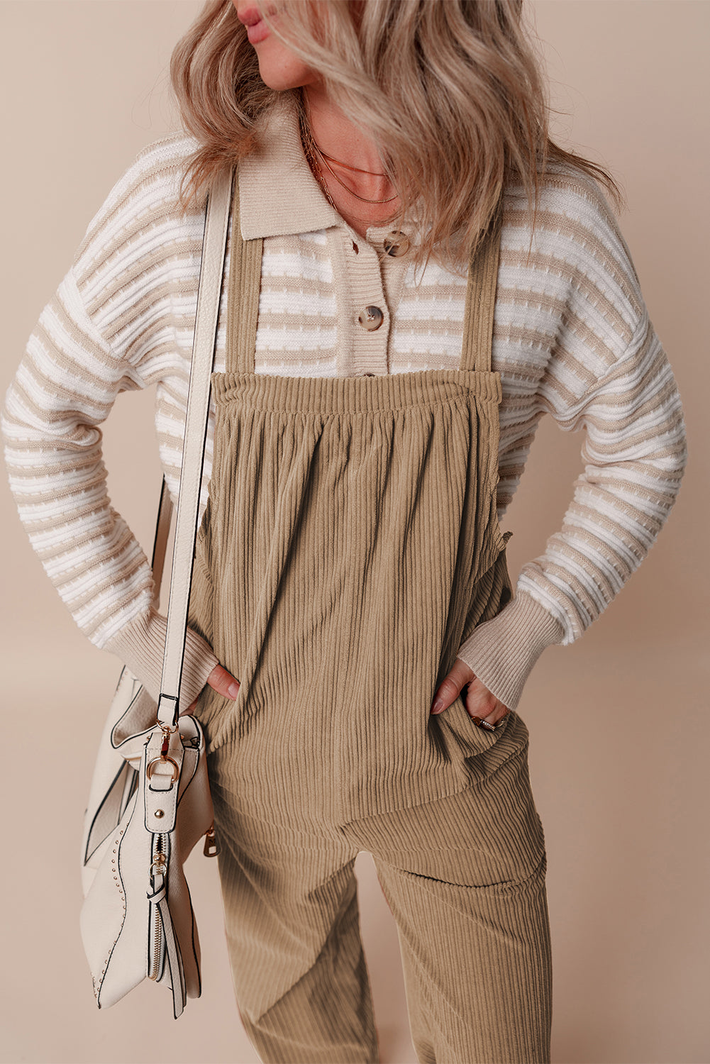 Black Plain Pocketed Loose Fit Corduroy Overalls