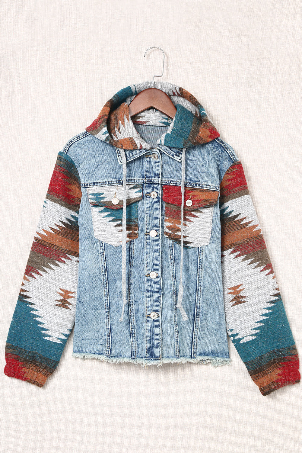 Multicolor Geometric Print Frayed Hem Denim Jacket