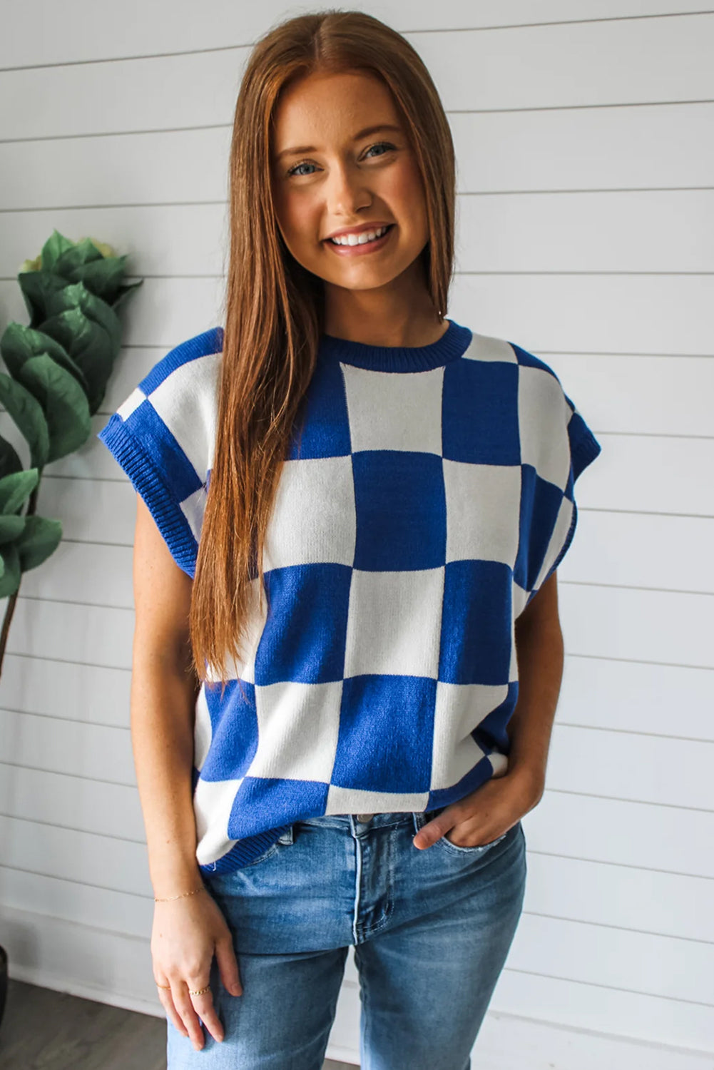 Dark Blue Checkered Knit Top