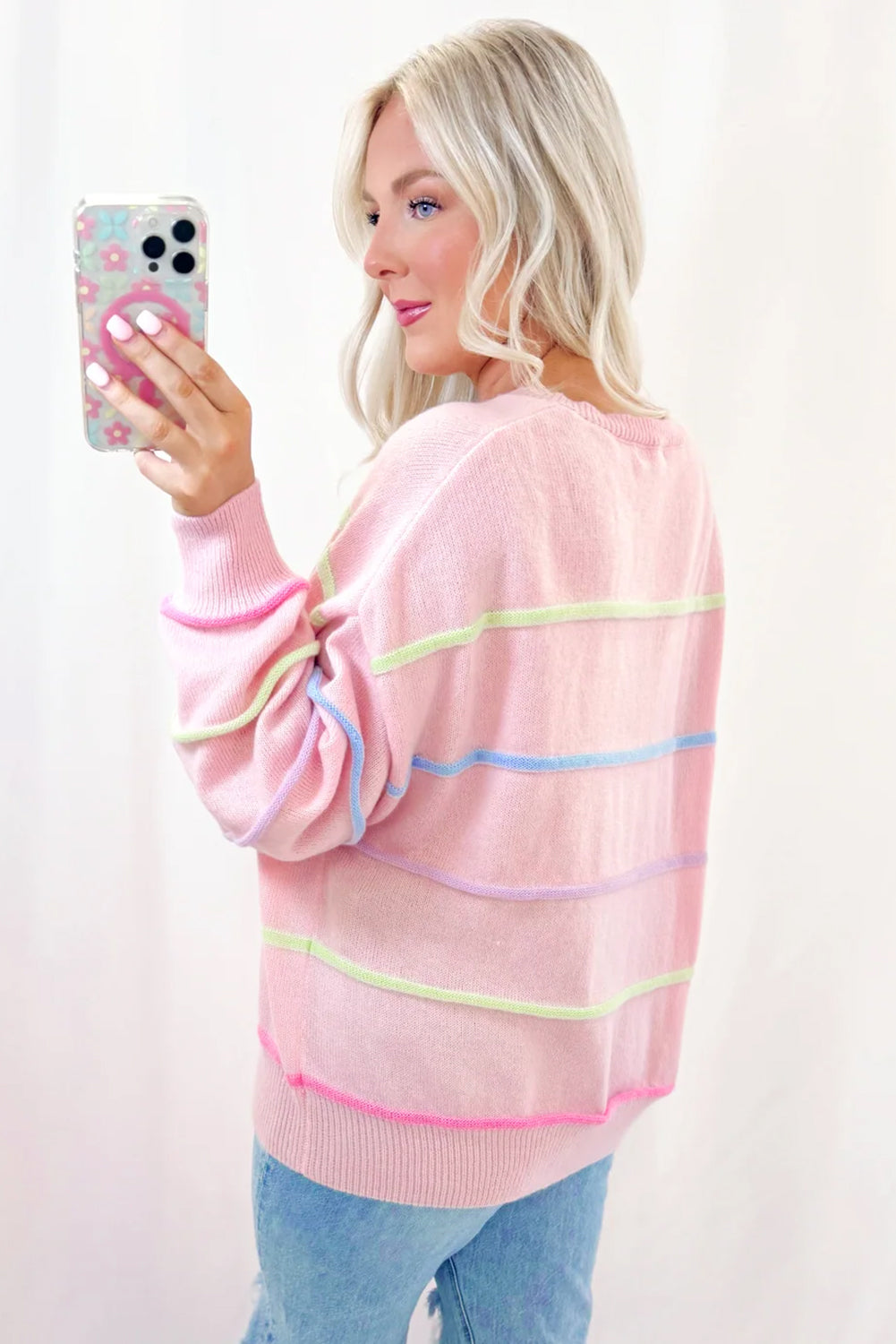 Pink Rainbow Striped Drop Sleeve Henley Sweater