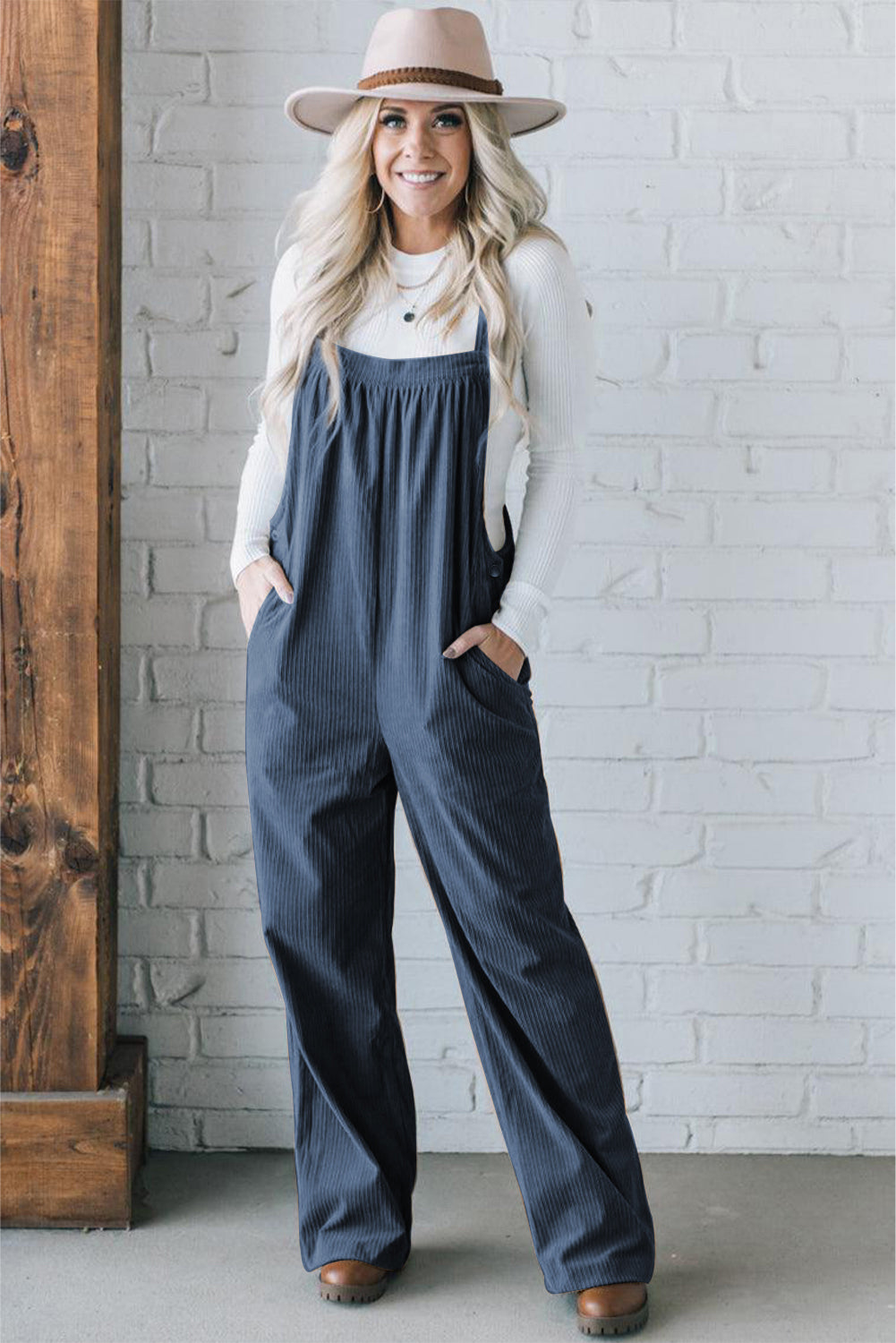 Black Plain Pocketed Loose Fit Corduroy Overalls