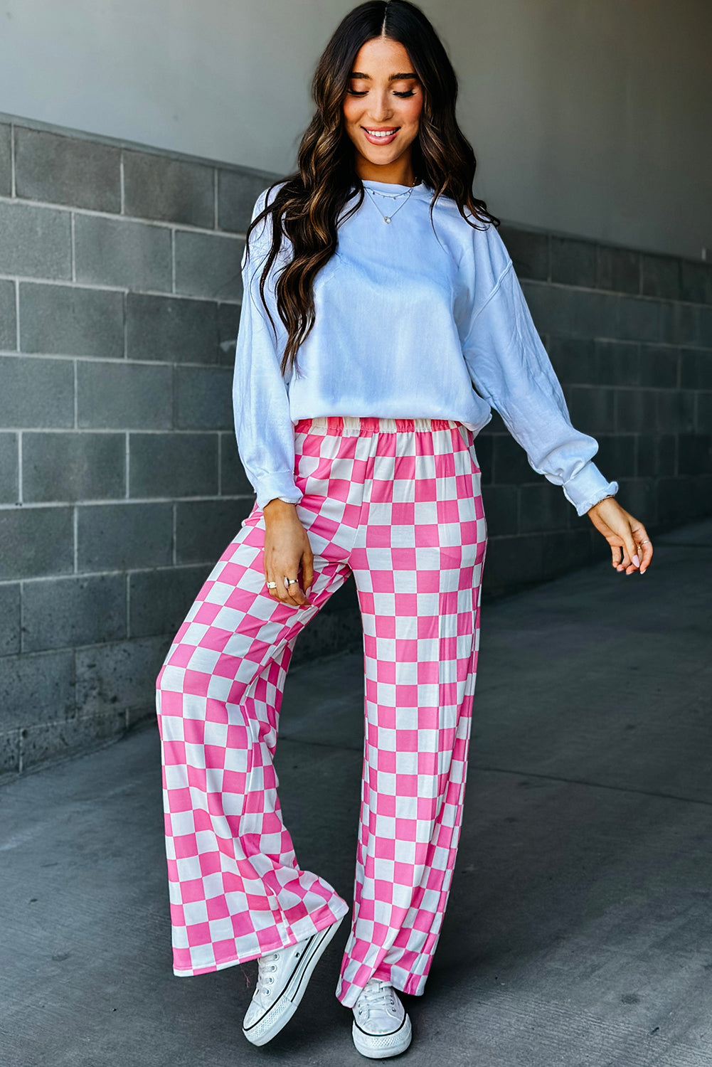 Black Checkered Print High Waist Wide Leg Pants