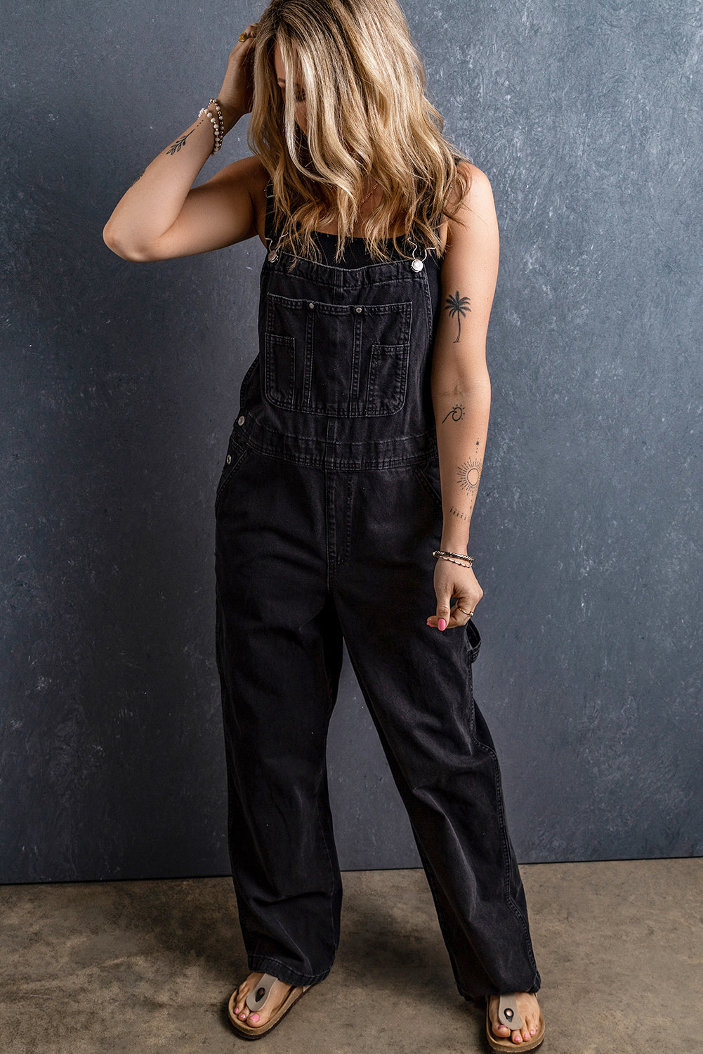 Black Adjustable Buckle Straps Multi Pocket Denim Jumpsuit