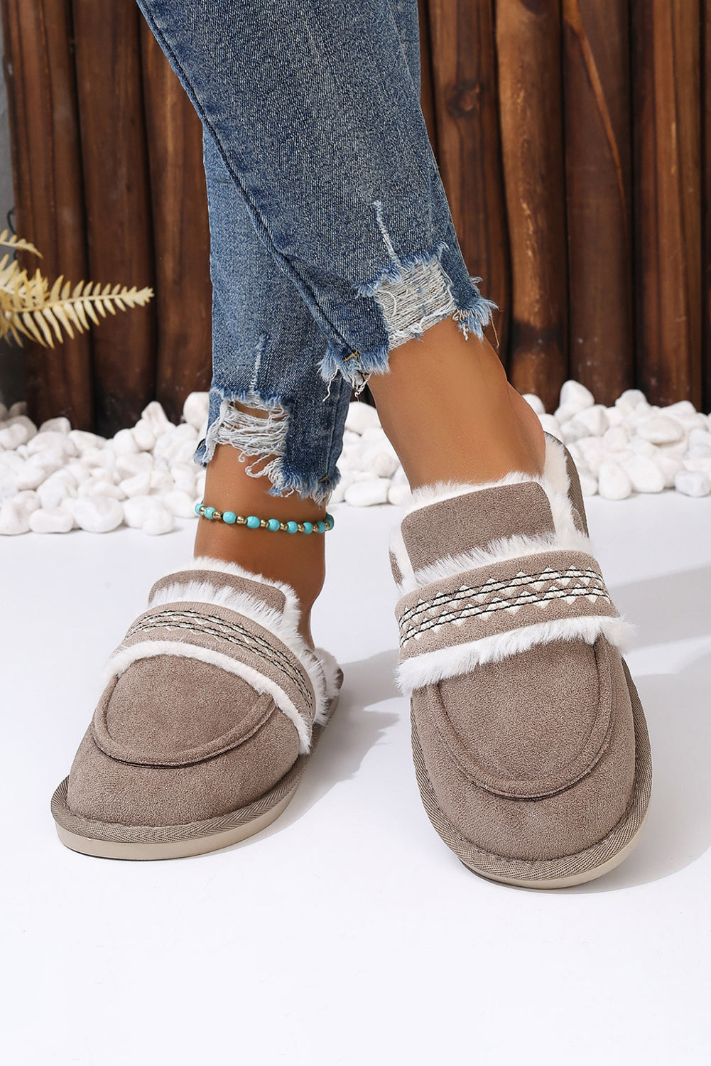 Chestnut Suede Wavy Striped Plush Lined Home Slippers