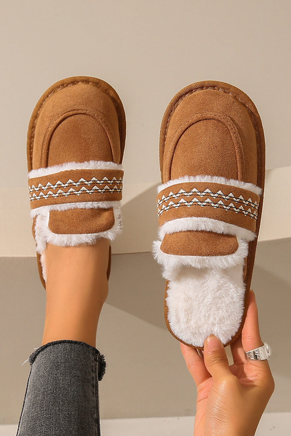 Chestnut Suede Wavy Striped Plush Lined Home Slippers