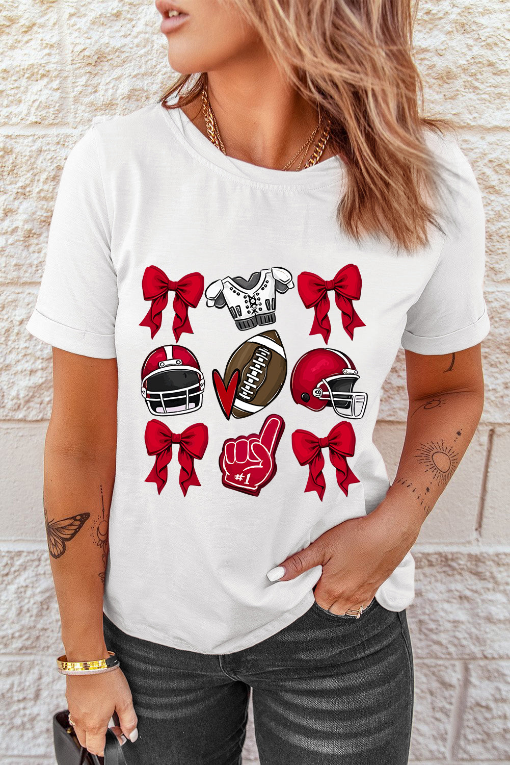 White Rugby Cheer Helmet Bow Graphic Tee