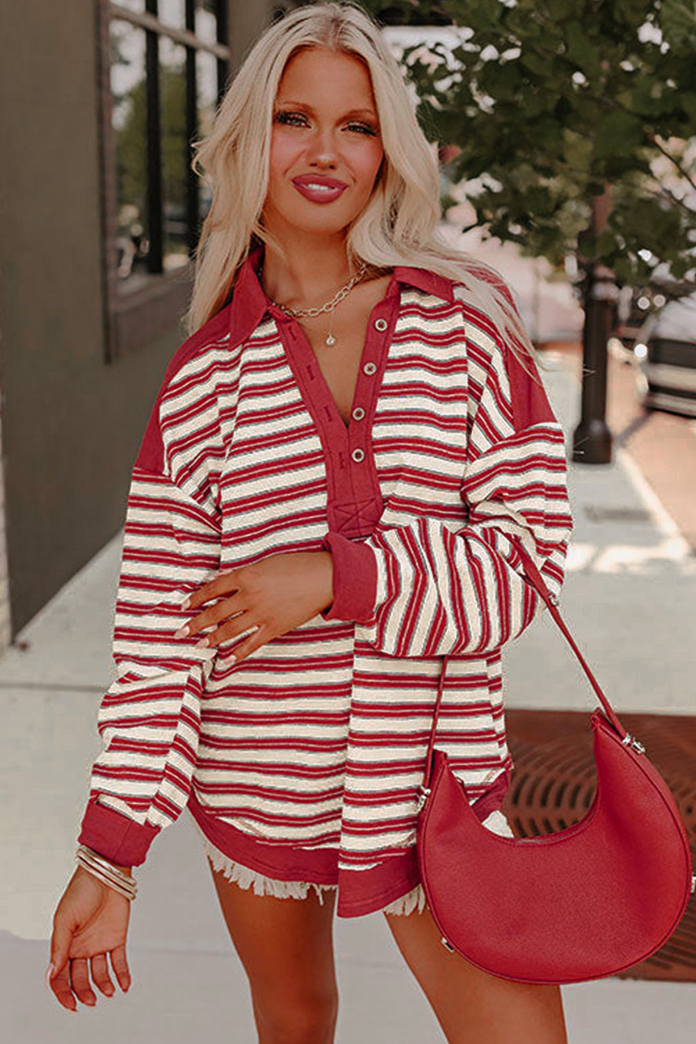 Red Stripe Collared V Neck Drop Shoulder Top